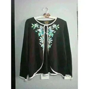Bob Mackie Wearable Art Wm XS Sweater Black 2 Button Closure Embroidered Flowers
